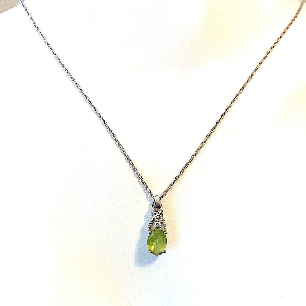Vintage Peridot Necklace, Sterling Silver with CZ and Green Stone Pendant - Picture 10 of 12
